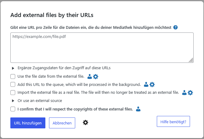 Der Import-Dialog vom WordPress-Plugin "Externe Dateien in der Mediathek".